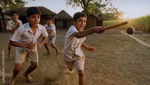 Indian village boys playing gilli danda, wooden stick hitting small gilli mid air, frozen motion on dusty playground, rural India childhood street game