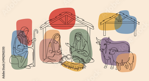 A minimalist illustration of a nativity scene featuring Mary, Joseph, and baby Jesus in a stable with animals, modern style