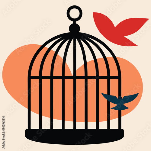 Bird cage with red bird and blue bird flying near orange blobs