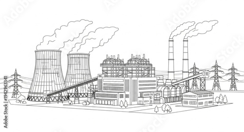 Industrial Factory Buildings with Smokestacks.