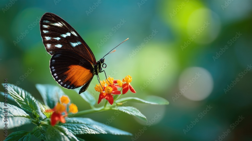 Fototapeta premium Captivating Butterfly Perched on Vibrant Flower with Green Background in Natural Habitat Showcasing the Beauty of Nature and Colorful Insects