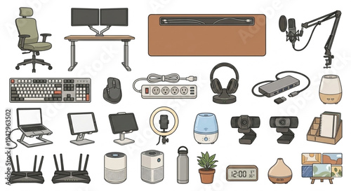 Remote work essentials and home office equipment icons for telecommuting