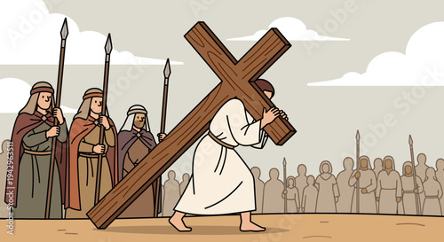 A scene depicting a historical figure carrying a cross, illustrated in a minimalist style, suitable for religious contexts
