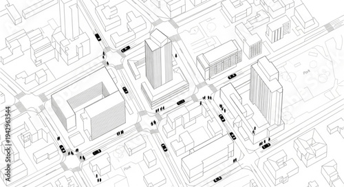 Aerial view of a city street with buildings and cars in a sketch style.