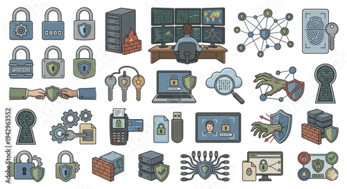 Cyber security and data protection icons set for digital privacy and safety