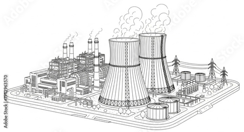 Industrial Factory Buildings with Smokestacks.