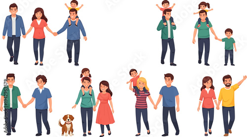 Happy Families and Couples Walking Together, Holding Hands, and Carrying Children
