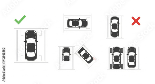 Correct and incorrect parking diagram showing car placement.
