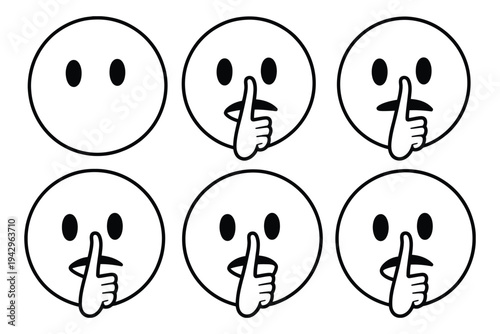 Quiet face icon, finger on lips silence gesture emoji symbol vector illustration, secret shush expression for privacy communication, line art design isolated on white background.