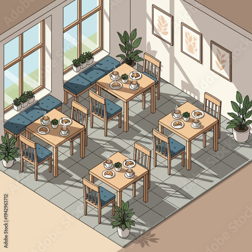 Cozy cafe interior with wooden tables and chairs, bathed in sunlight.