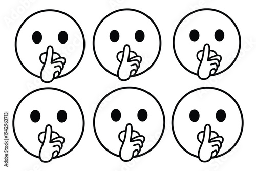 Quiet face icon, finger on lips silence gesture emoji symbol vector illustration, secret shush expression for privacy communication, line art design isolated on white background.