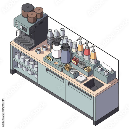 Isometric Coffee Bar Counter with Espresso Machine and Beverage Supplies.