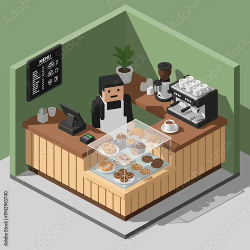 Isometric Coffee Shop Interior with Barista and Pastries.