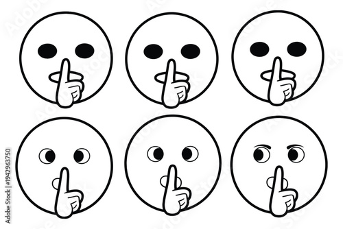 Quiet face icon, finger on lips silence gesture emoji symbol vector illustration, secret shush expression for privacy communication, line art design isolated on white background.
