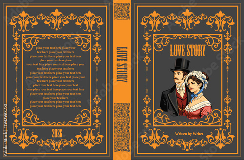 072-27-Ornate vintage book cover design featuring a victorian couple for a romance novel