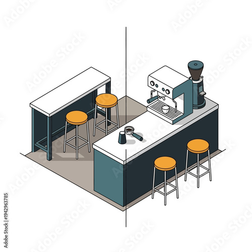 Isometric view of a modern coffee shop interior with bar and stools.