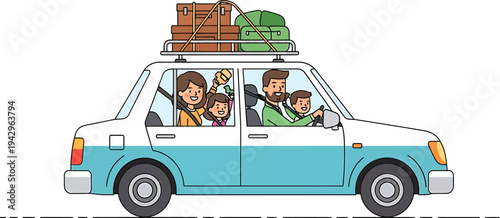 Happy Family Road Trip Adventure: Parents and Children Traveling in Car with Luggage