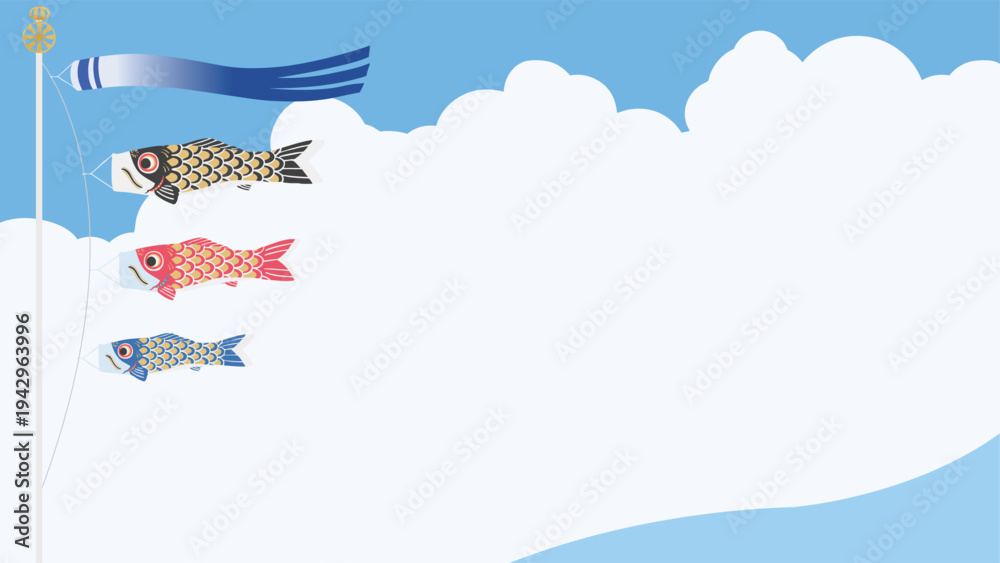 Obraz premium 青空を泳ぐ鯉のぼりの背景イラスト 端午の節句・こどもの日 横長ベクター（16:9）