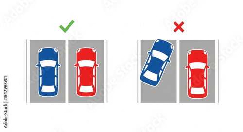 Correct and incorrect parking illustration with cars and signs.