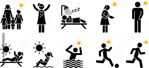 Collection of Summer Activities Stick Figures Icons, People Enjoying Outdoor Leisure