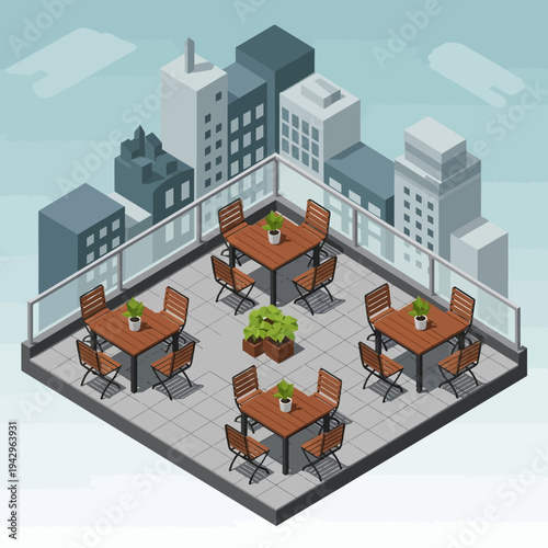 Rooftop Restaurant Terrace with Tables and Chairs in an Urban Setting.