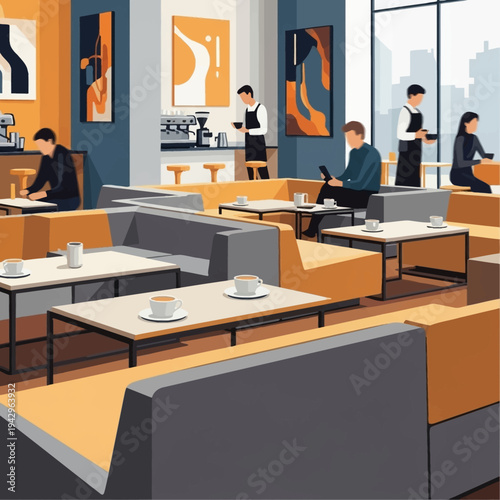 People enjoying coffee and working in a modern cafe setting.