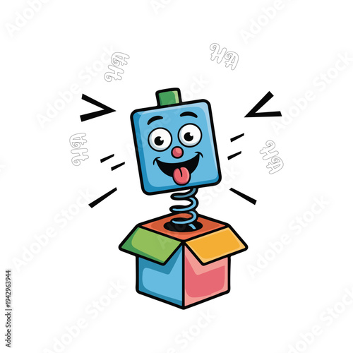 Funny Jack in the Box Cartoon Toy Vector Illustration with Surprise Pop Up Character