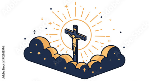 A stylized illustration of a crucifix surrounded by clouds and rays of light in a modern, minimalistic style