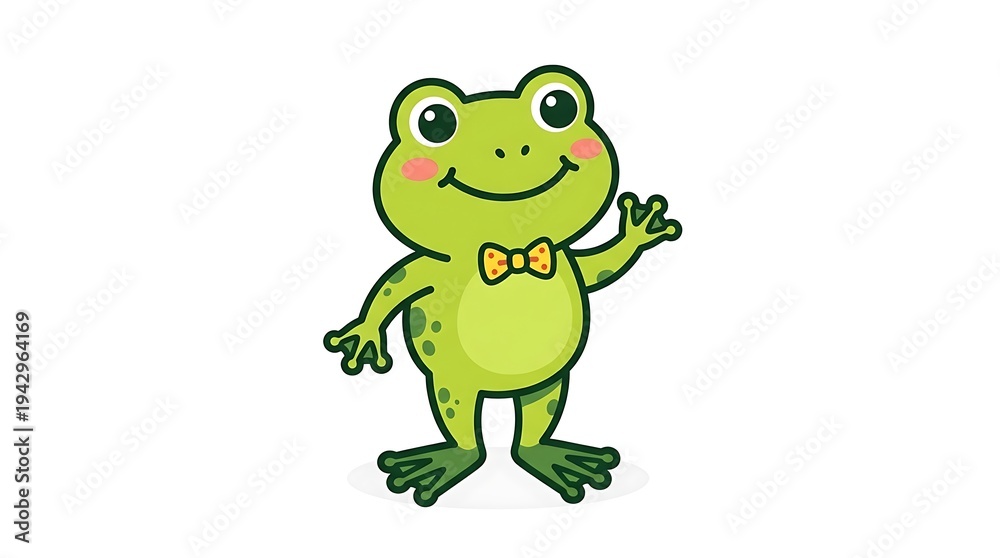 Fototapeta premium Cartoon Green Frog with Bowtie Waving Hand.