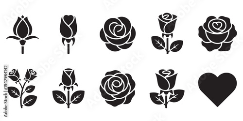 Elegant rose flower and heart vector icons set for wedding, valentine, and romantic design projects