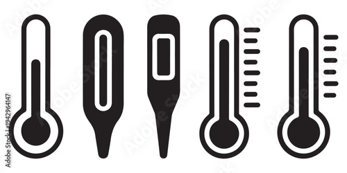 Medical Thermometer Icon Set Featuring Analog and Digital Temperature Measurement Tools in Black and White
