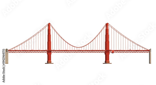 Red suspension bridge model on white background