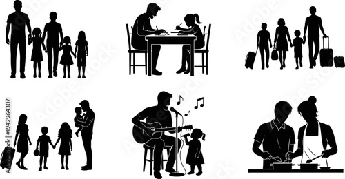 Family Life Silhouettes: Diverse Activities and Relationships Vector Illustration Set