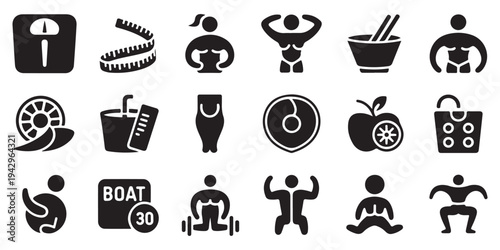 Body Transformation and Fitness Lifestyle Icon Set with Muscle Building, Healthy Food, and Weight Management Symbols