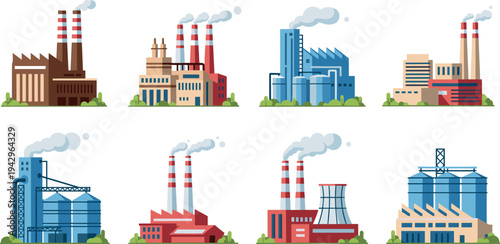 Collection of industrial factory buildings with smokestacks power plants warehouses and manufacturing facilities isolated vector illustration set representing industry production energy and 