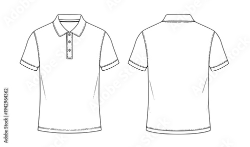 Polo t shirt design template front and back view vector mockup with collar short sleeve clothing outline editable vector