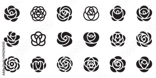 Set of black rose flower head vector icons, minimalist floral symbols for logo and pattern design