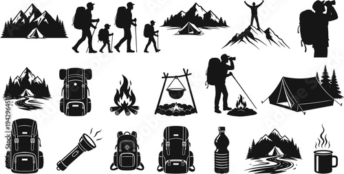 Outdoor Adventure and Camping Silhouettes Collection with Hiking Gear and Mountain Scenes