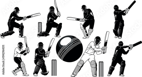 Cricket Player Silhouettes Collection with Different Batting Poses and Cricket Ball, Professional Sport Action Illustration Set Isolated on White Background for Design, Poster, or Sports Concept