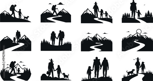 Family Hiking Adventures in Nature, a Collection of Outdoor Activity Silhouettes