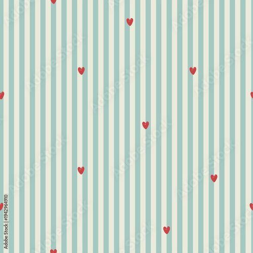 Hand drawn cute red hearts and turquoise lines on white background, seamless pattern . Vector llustration with line and hearts for wrapping paper, wallpaper, card, fabric, scrupbooking, clothes.