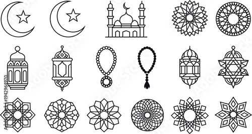 Black silhouette of an Islamic mosque with dome and minarets, ideal for Ramadan Kareem, Eid Mubarak, religious celebrations, and traditional Middle Eastern decorations.