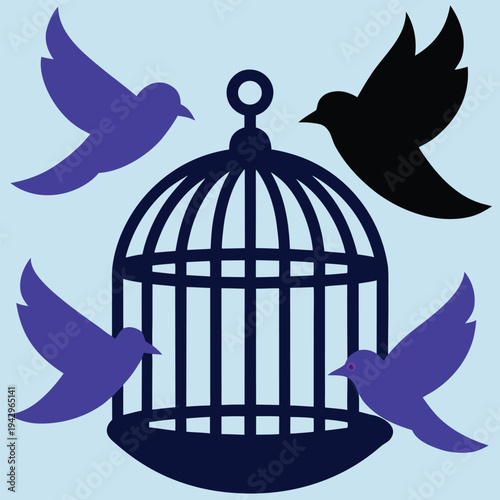 Dark blue bird cage with multiple birds flying out on light blue background vector graphics