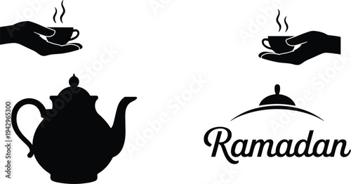 Ramadan tea set silhouette with teapot, steaming cups and serving tray, minimalist Islamic hospitality concept symbolizing iftar gathering, Ramadan Kareem celebration isolated on white background