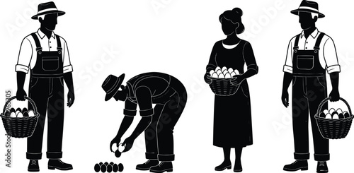 Collection of Professional Farmer Silhouettes Featuring Men and Women in Overalls and Hats Carrying Baskets of Fresh Eggs for Poultry Farm Agriculture and Rural Lifestyle Assets