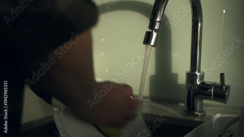 Person washing a dirty white plate in a sink.