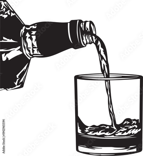 Alcohol liquid pouring from bottle into glass tumbler black and white silhouette artwork