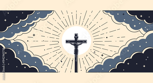 A stylized illustration of a crucifix surrounded by clouds and rays of light in a modern, flat design