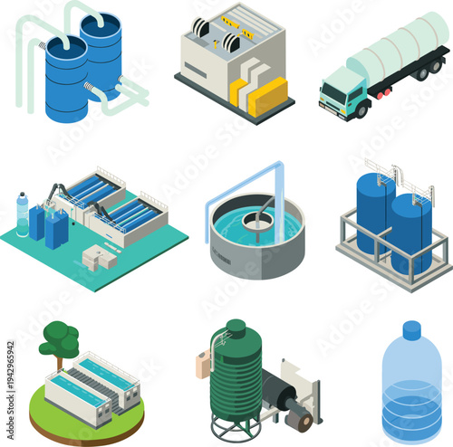 Isometric water treatment and purification equipment collection with filtration tanks, industrial machinery, tanker truck and wastewater processing systems