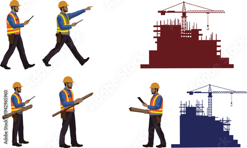 Successful business people and construction workers collaborate with a building background in this vector illustration concept of leadership and teamwork